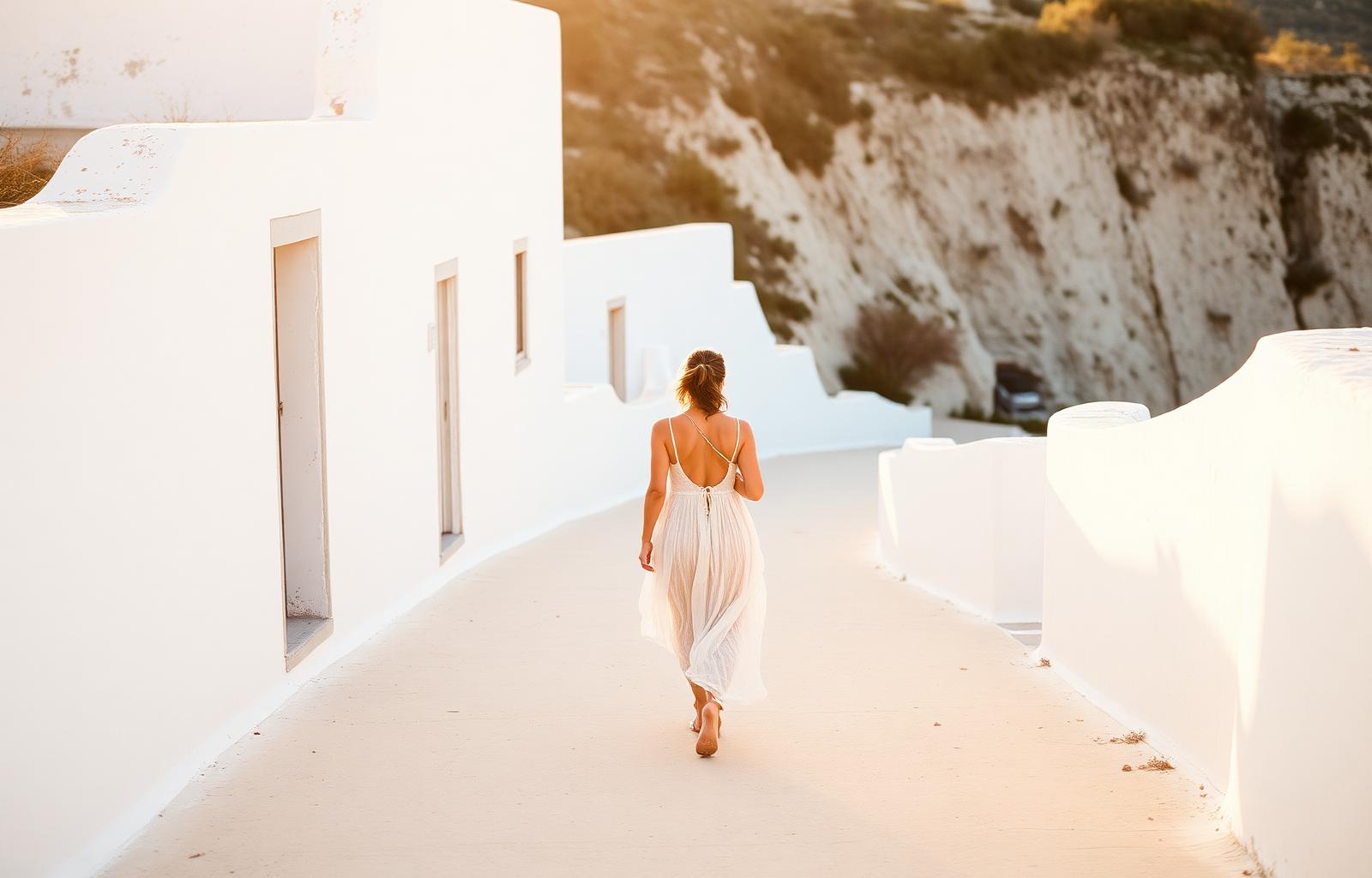 Mulher com vestido fluido num caminho costeiro português ao sol