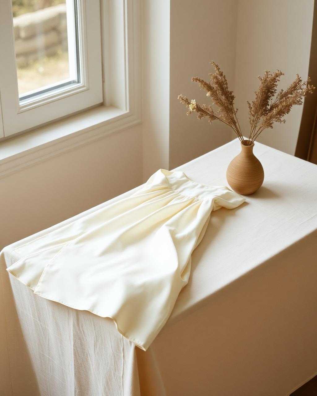 Vestido de seda dobrado em linho com flores silvestres secas